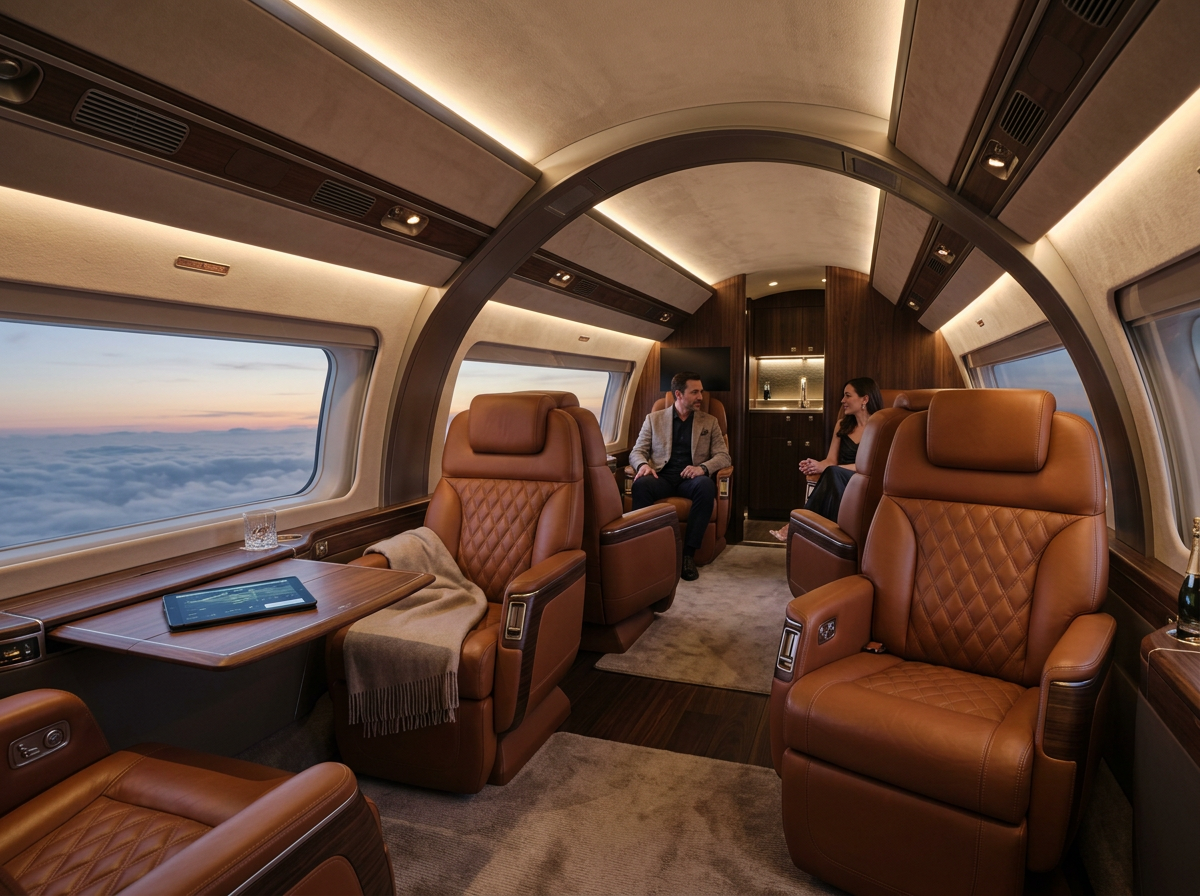 Executive aviation cabin interior with premium leather seating