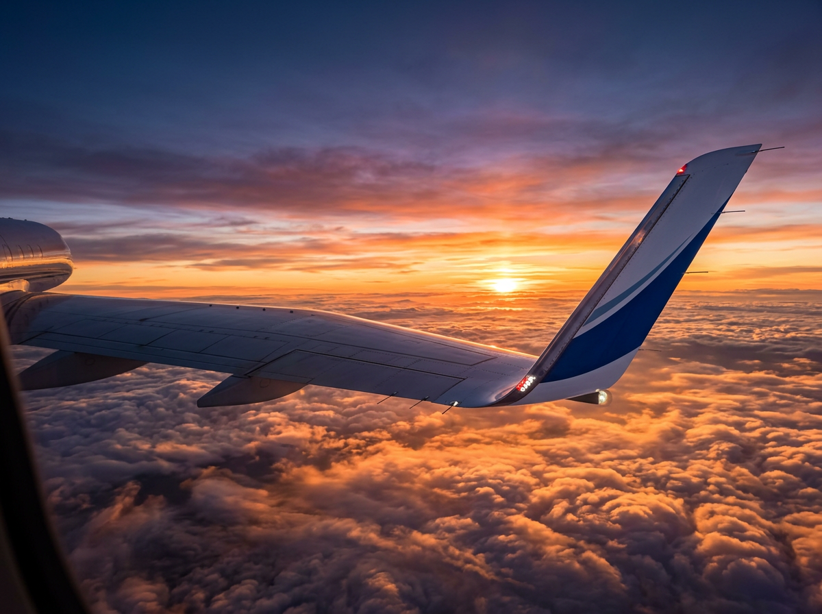 AeroLink private jet wing over clouds at dusk