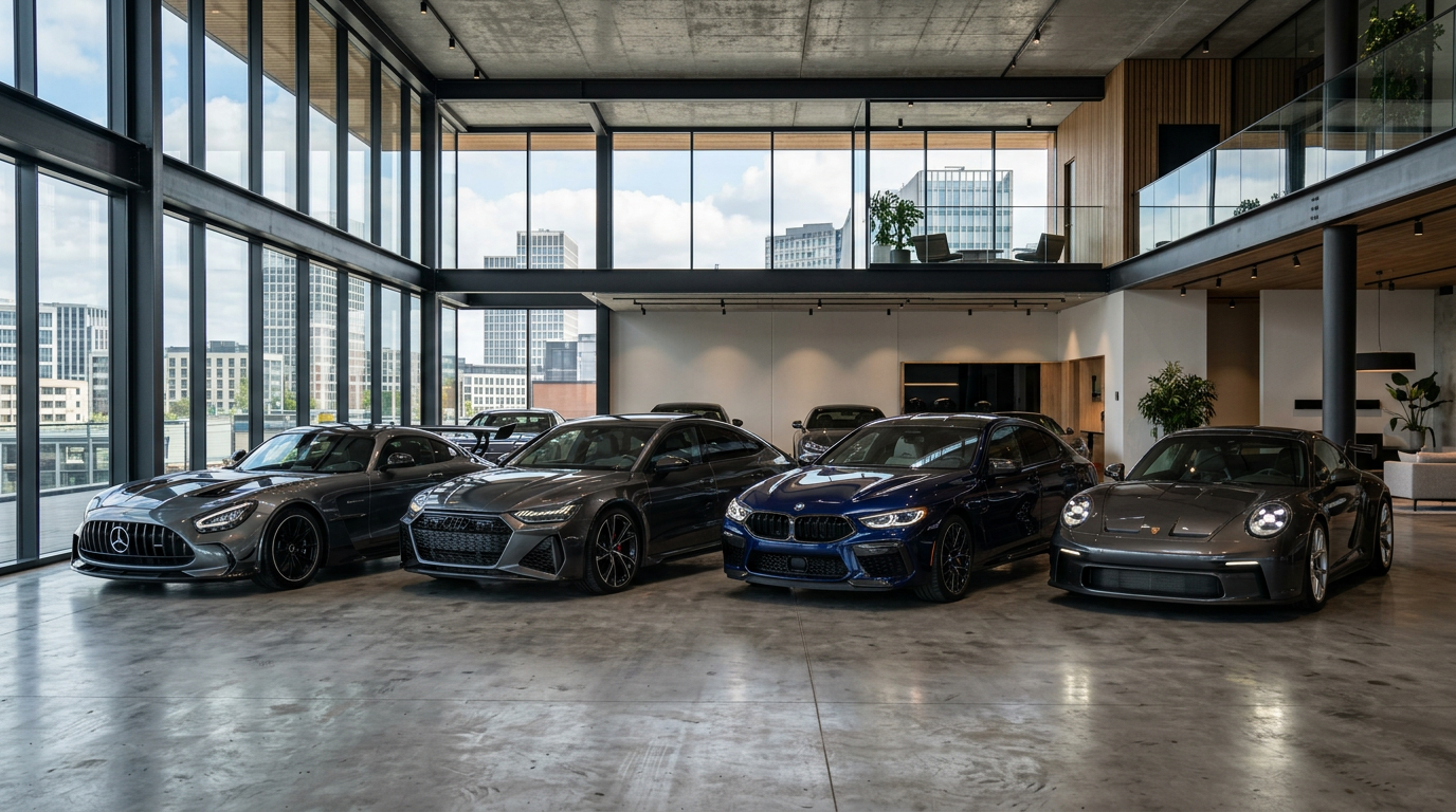 Four Aureon vehicles lined up in a modern architectural showroom