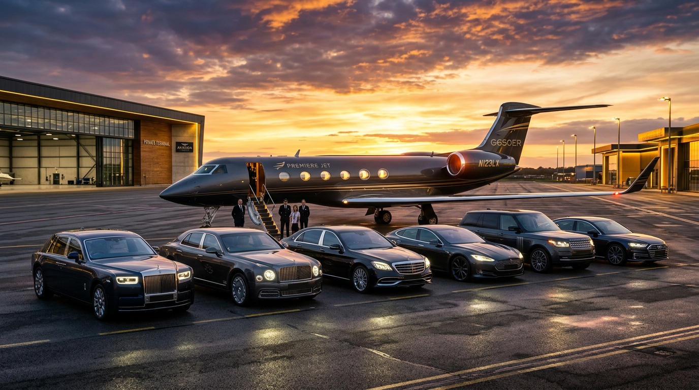 Luxury automobiles and an executive jet on an architectural tarmac at dusk, representing Aureon Mobility Group's four brands