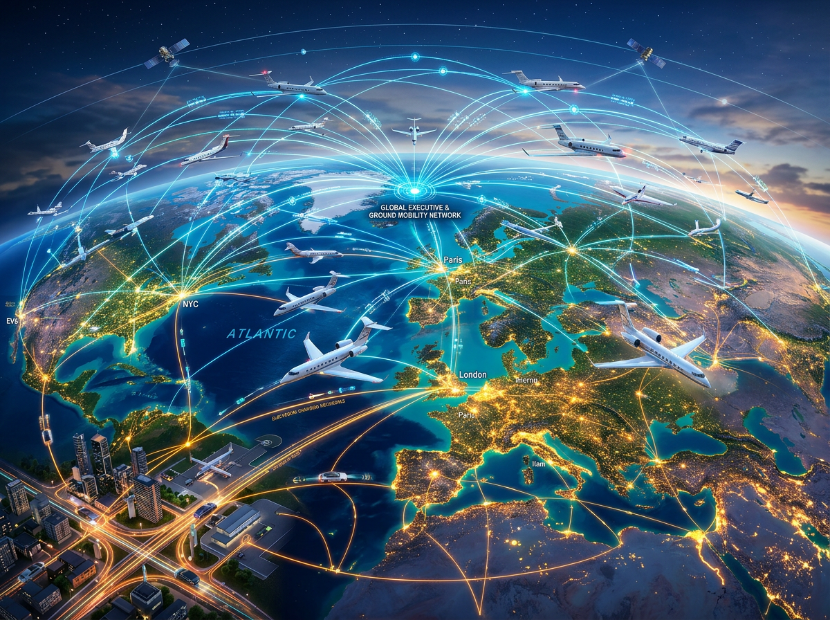 Network connectivity conceptual graphic linking vehicles and air mobility