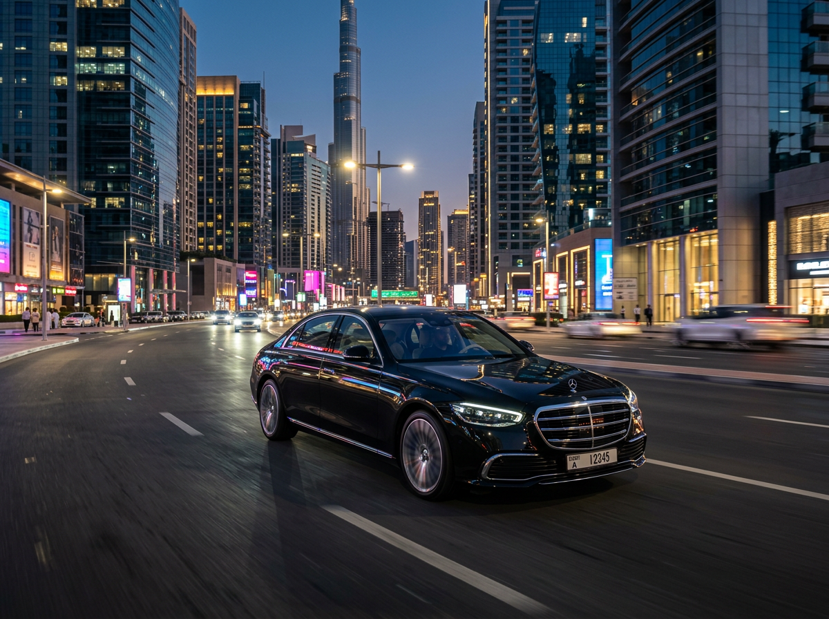 Dark metallic Aureon Motors sedan in an architectural city street