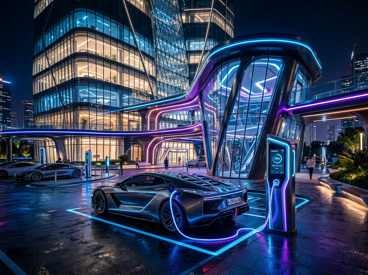 VoltEdge electric vehicle charging at a modern illuminated station at night